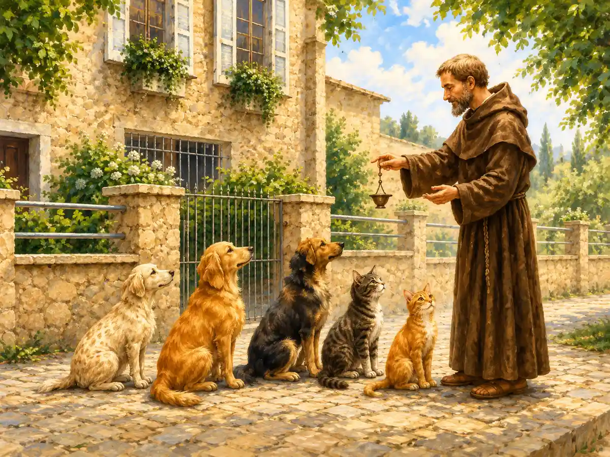 São Francisco de Assis abençoando cães e gatos durante celebração de bênção dos animais