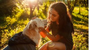 Tutora acariciando seu cachorro ao pôr do sol — cremação de animais My Pet Memo